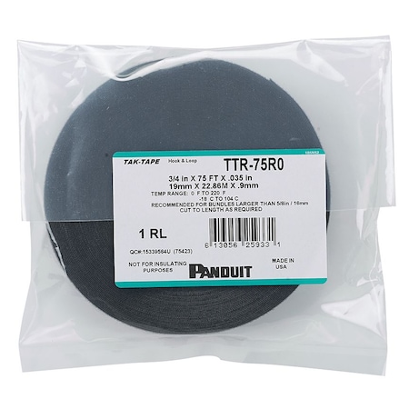 Panduit Cable Tie, 75 ft L, 0.63 in Max Bundle Dia., Black, Nylon, 40 lb Strength TTR-75R0